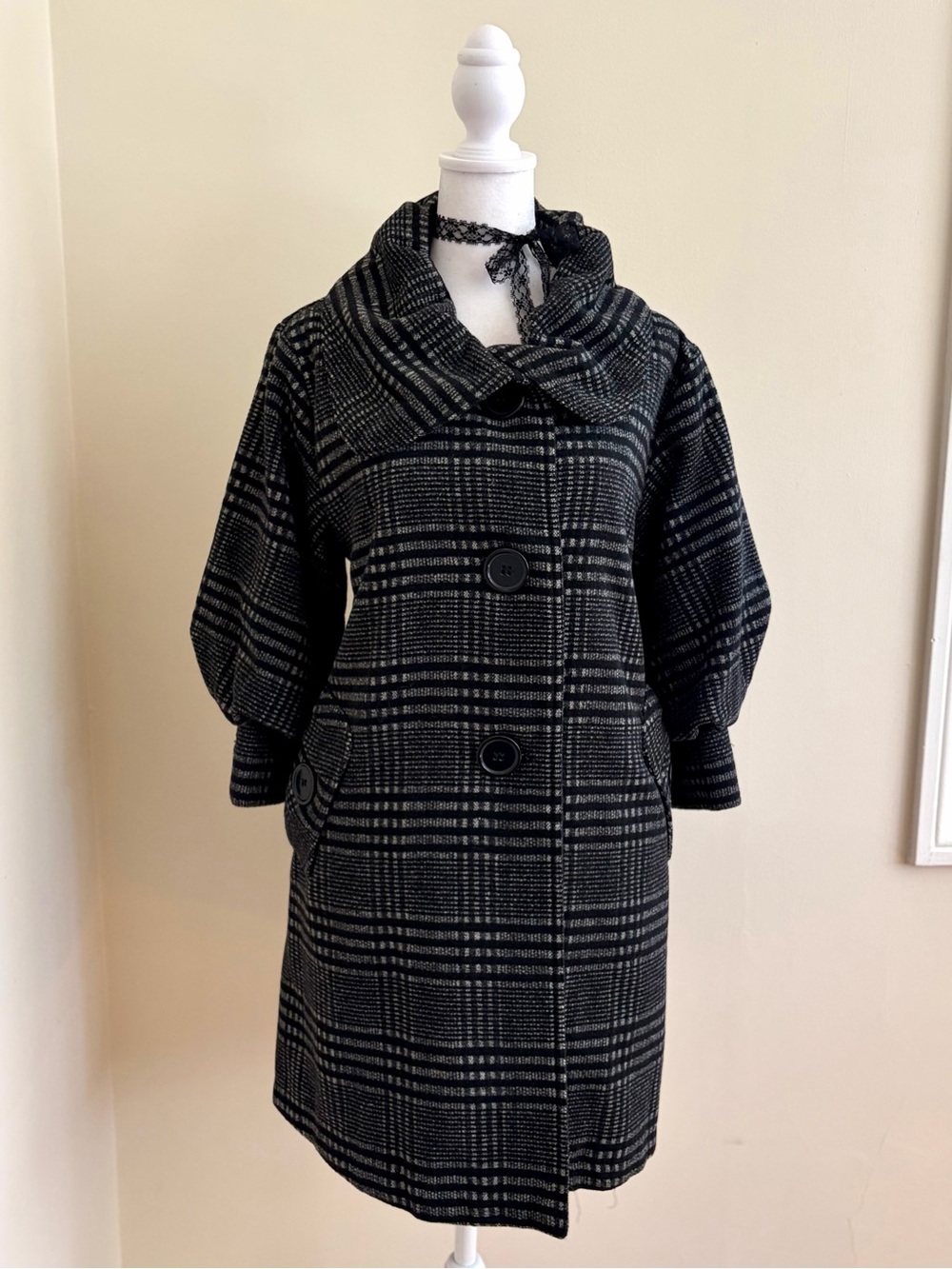 Vintage Y2K Hazel twee babydoll plaid coat gray black indie sleaze tweed S/M